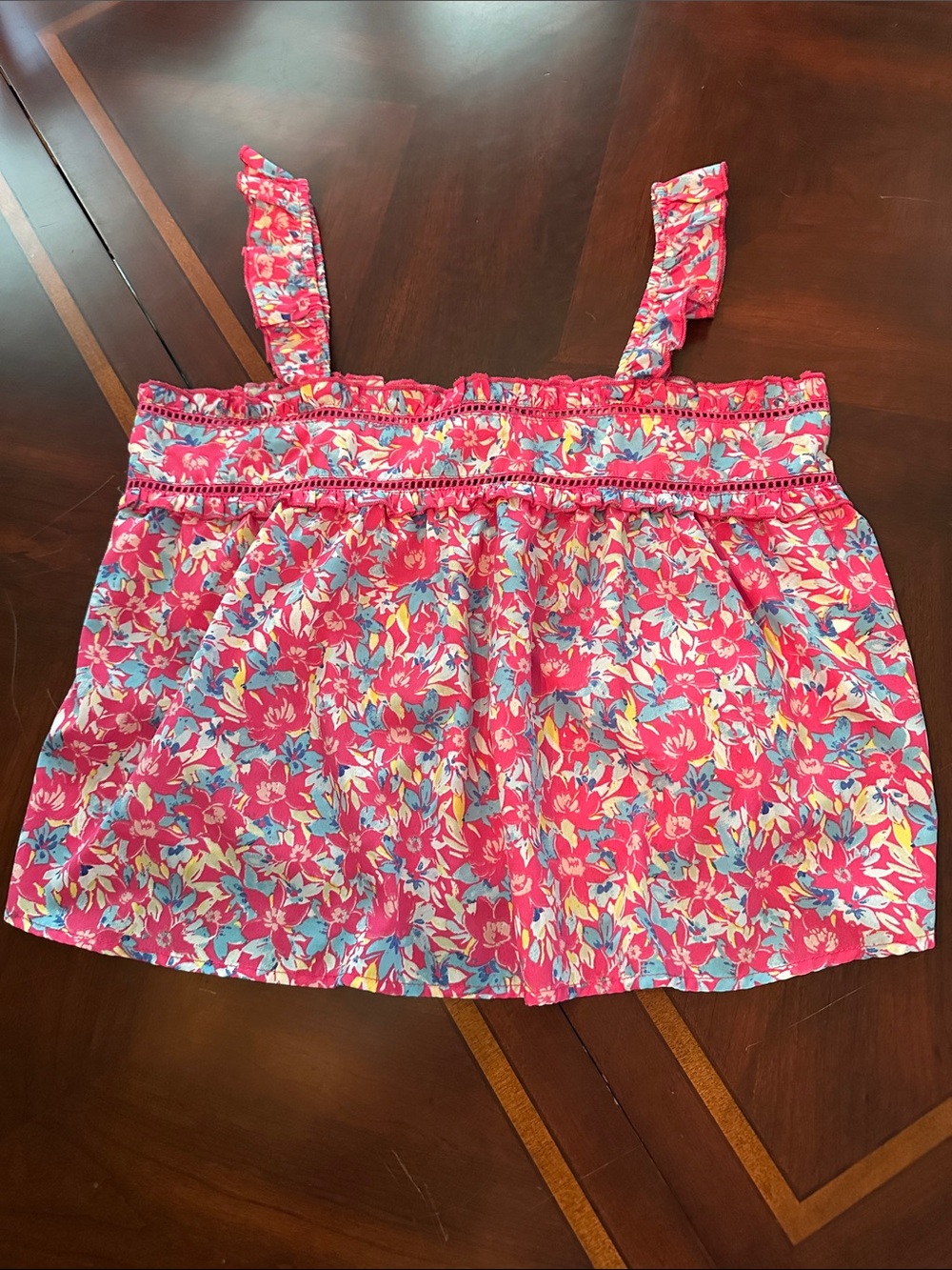 Pink Floral Tank Top with Ruffle Straps